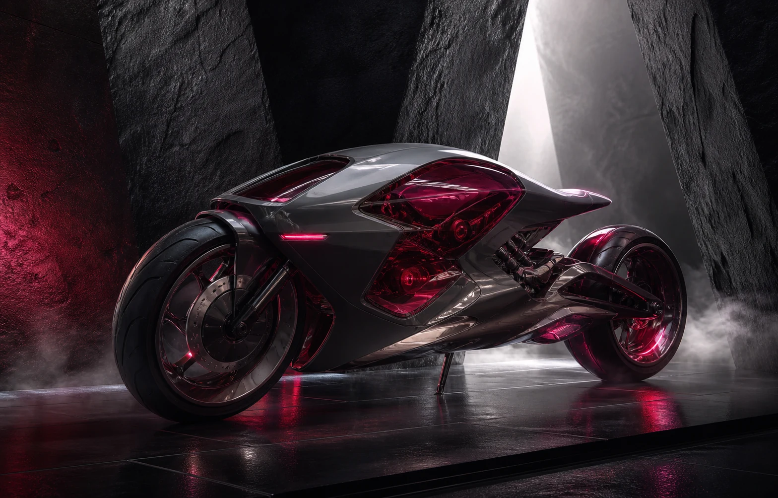 A graphite and ruby concept motorcycle in a stone studio