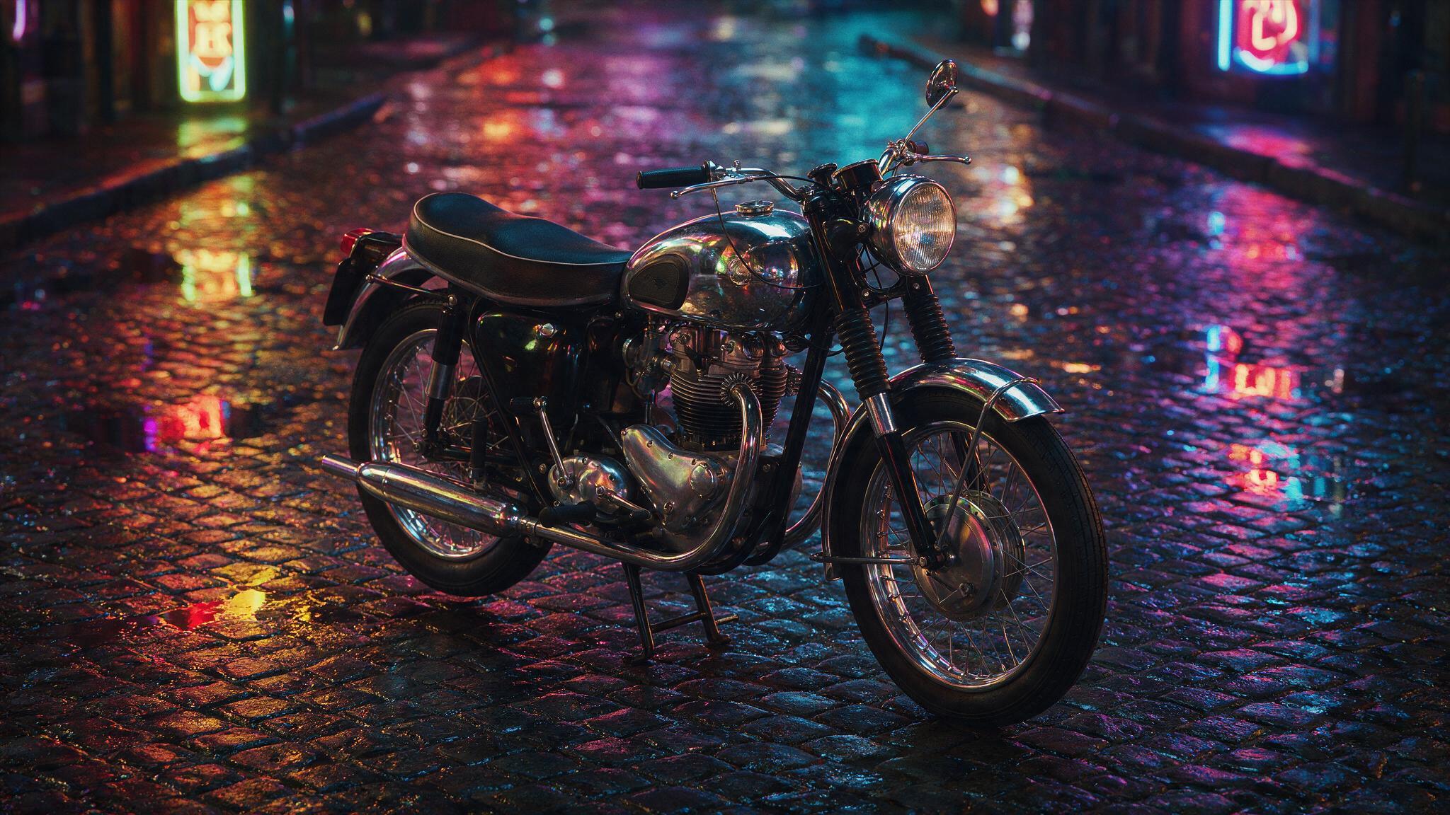 A vintage motorcycle on rain-slicked cobblestones lit by neon signs