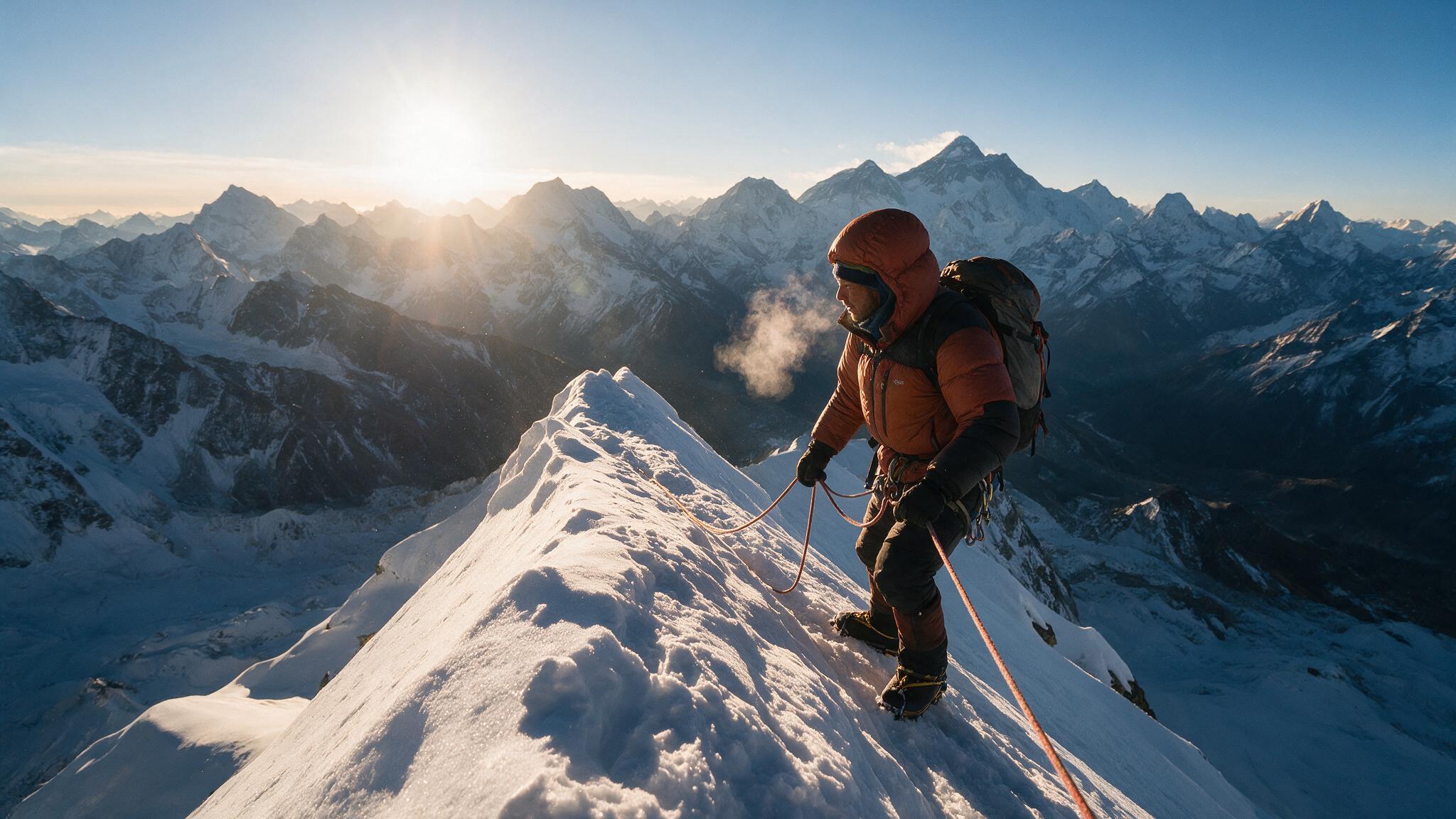 A mountaineer on a snowy summit ridge at sunrise above a sea of peaks