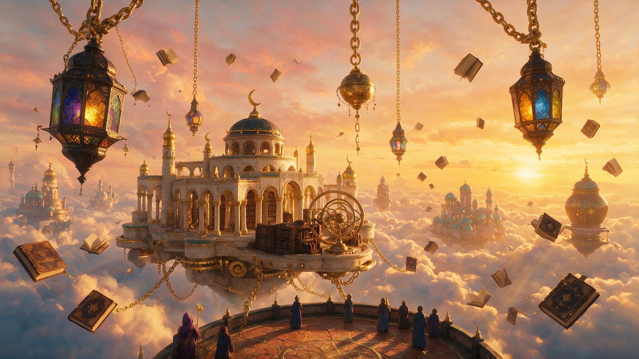 A floating library temple above sunset clouds with lanterns and drifting books