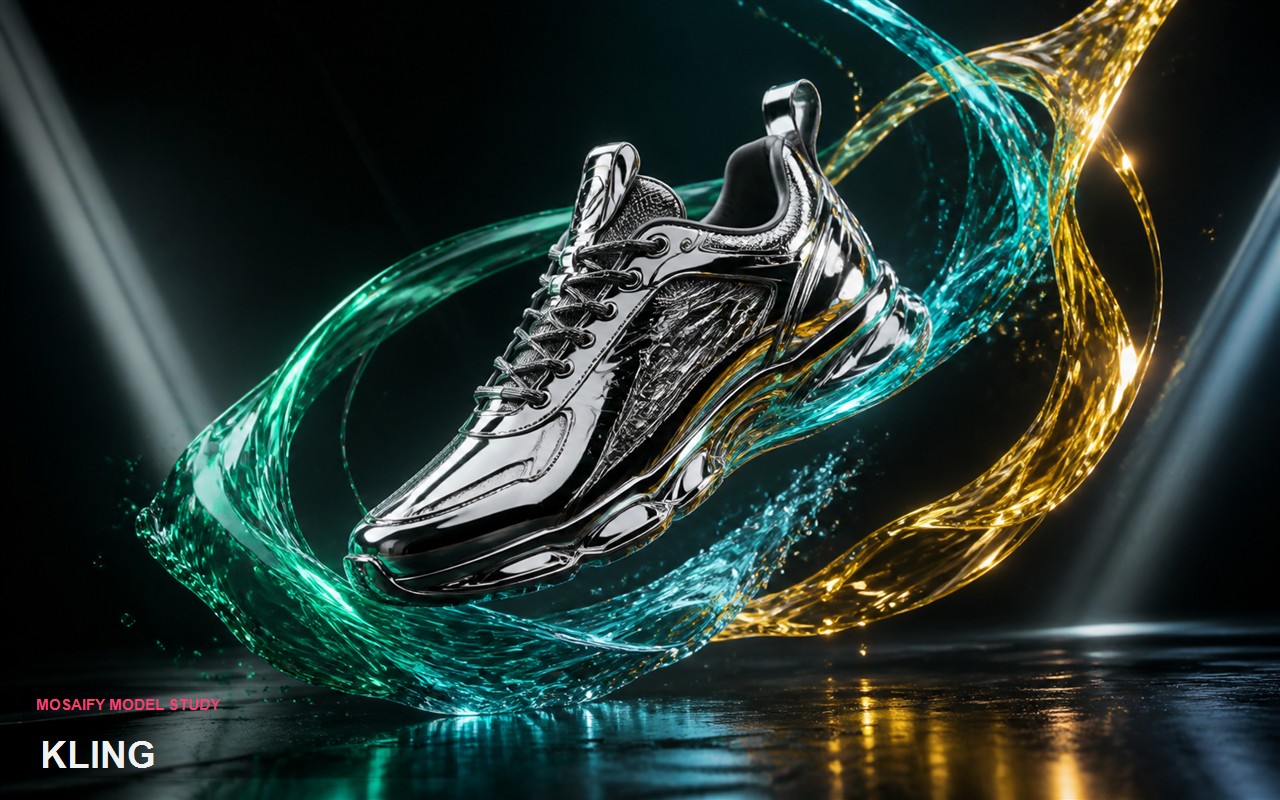 A chrome sneaker surrounded by teal and gold liquid ribbons