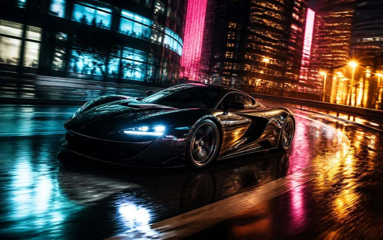 A black performance car driving through a neon-lit city at night