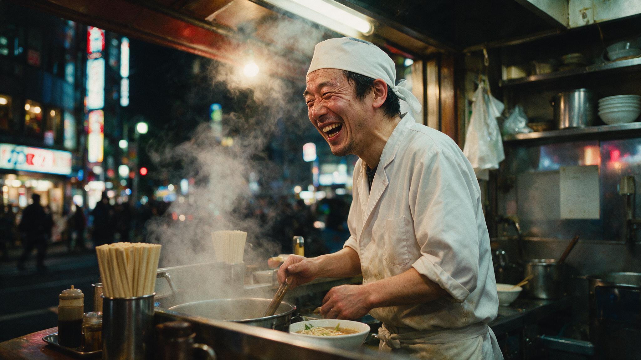 A laughing ramen chef stirring a steaming pot at a neon street stall
