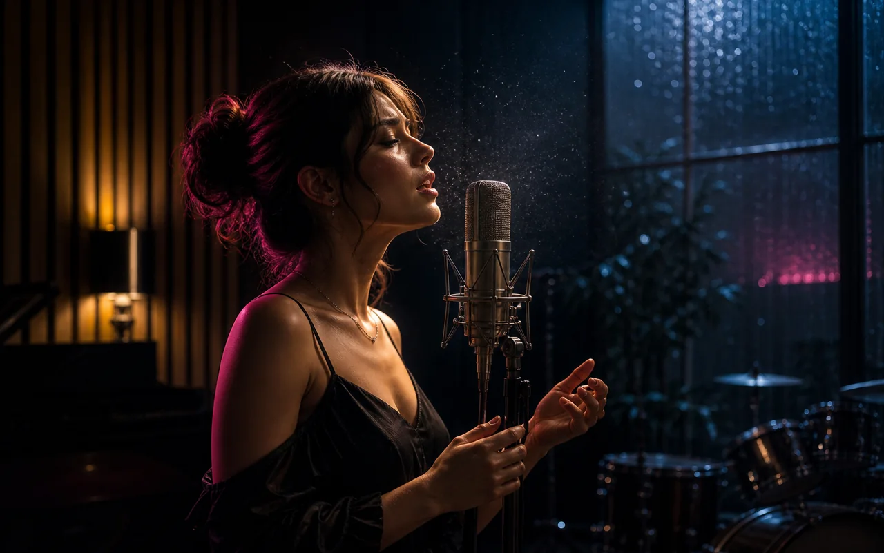 A singer performing at a studio microphone beside a rain-lit window