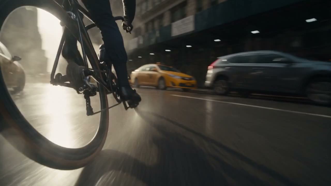 A cyclist cutting through rain-slicked city traffic