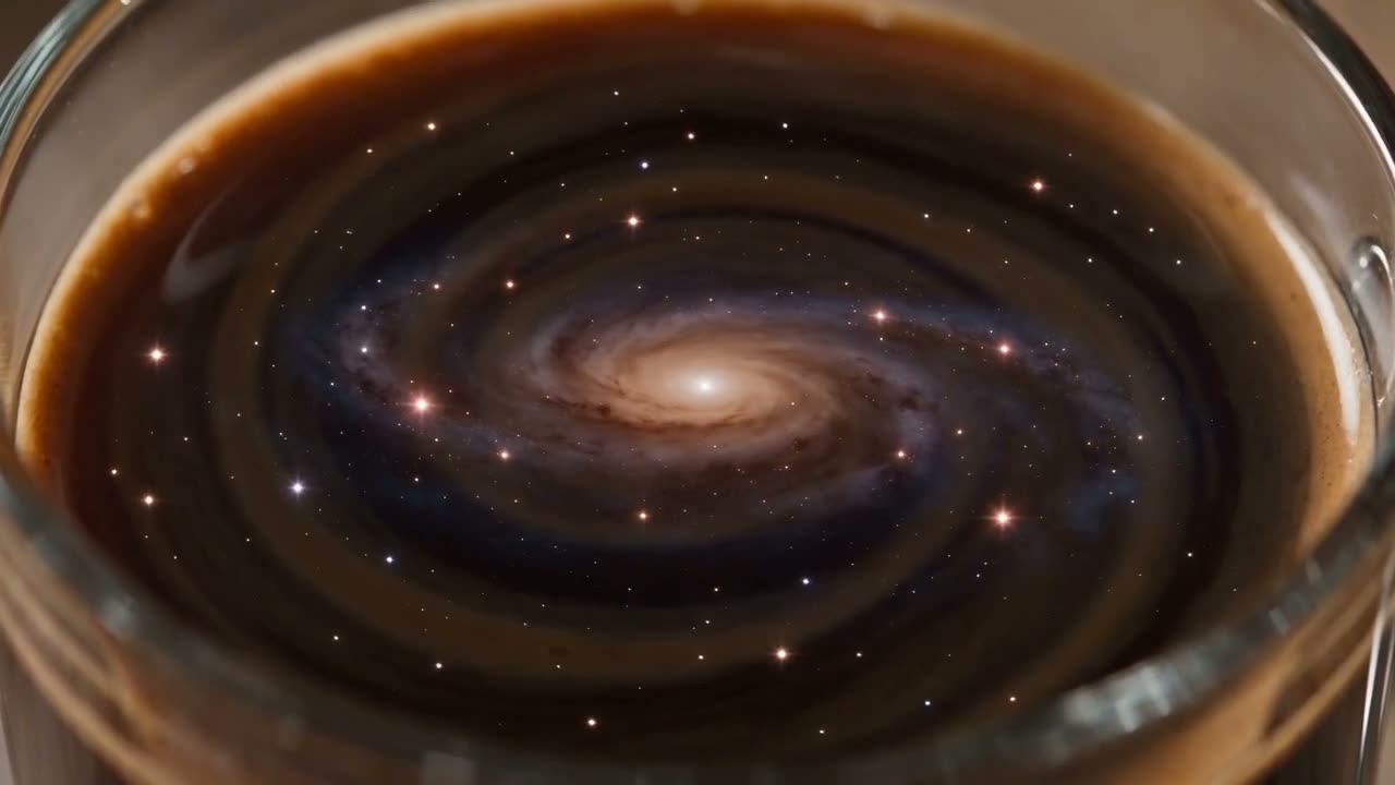 A spiral galaxy swirling inside a cup of coffee