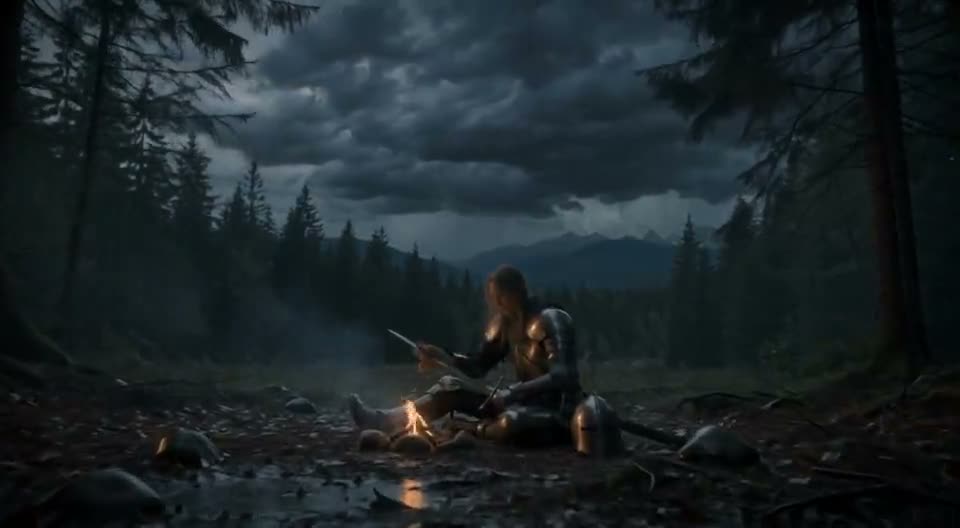 A knight tending a campfire in a stormy night forest