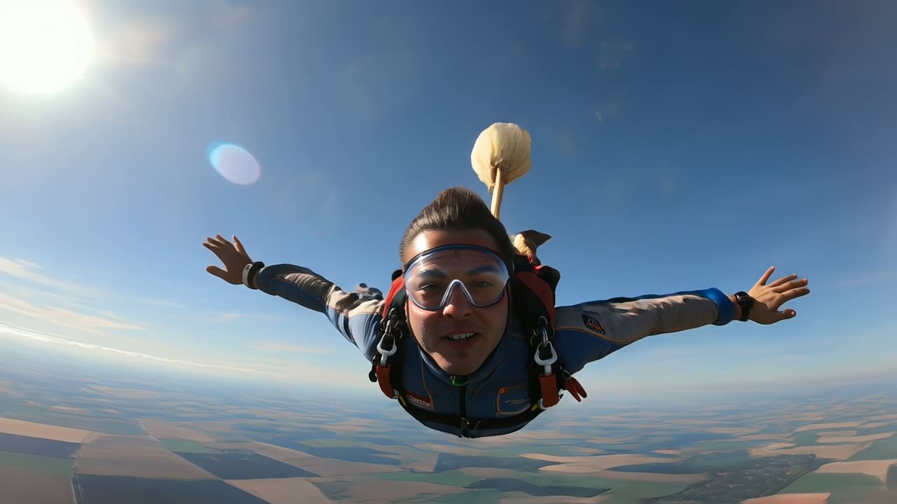 A skydiver in freefall grinning at the camera above patchwork fields