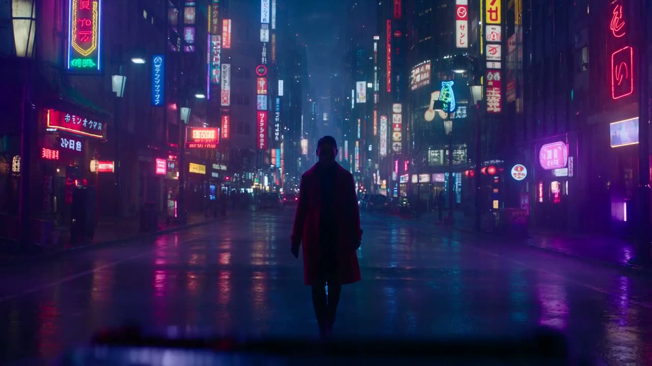 A woman walking through a neon-lit Tokyo street at night